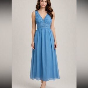 DAVIDS BRIDAL Blue Grecian Sleeveless V Neck Embroidered Midi Prom Dress 4 NWOT